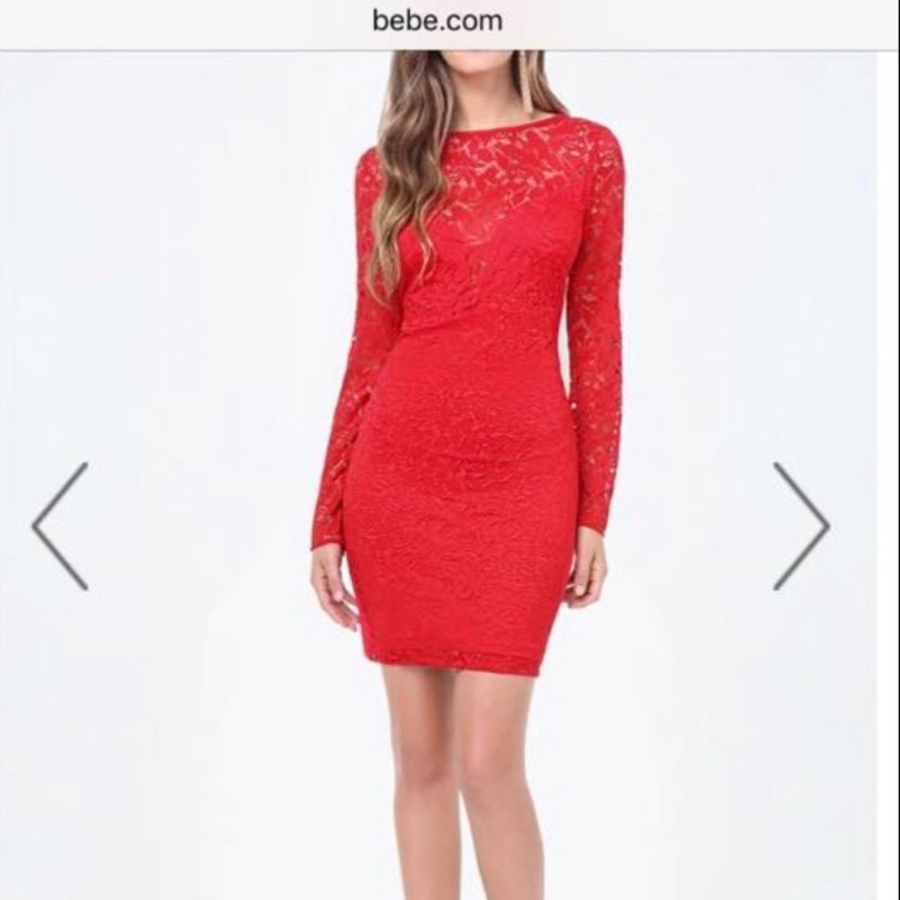 Bebe. Never worn, Ellie lace deep-V-back dress